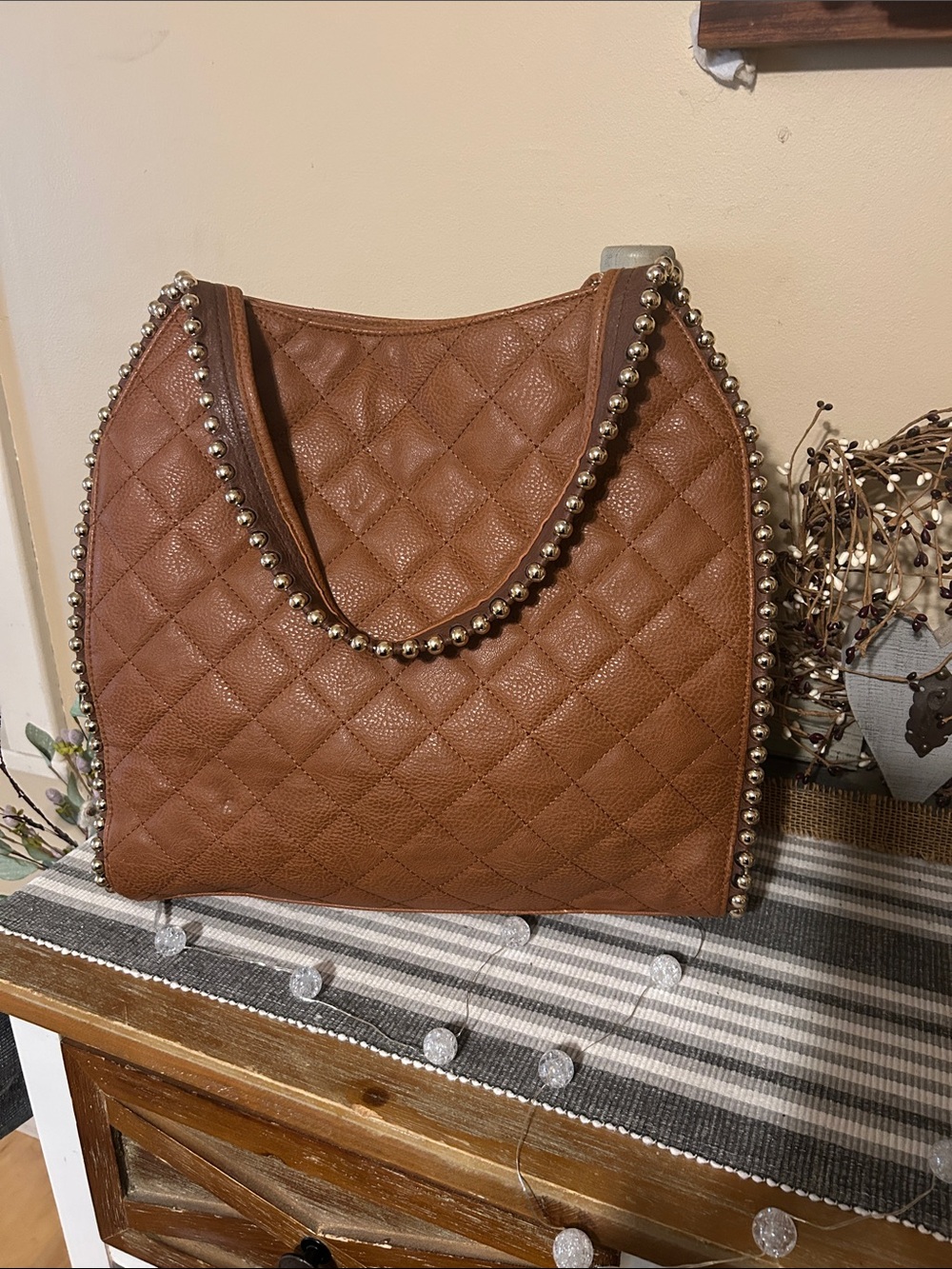 Big Buddha Quilted Brown Shoulder Bag with Stud Trim